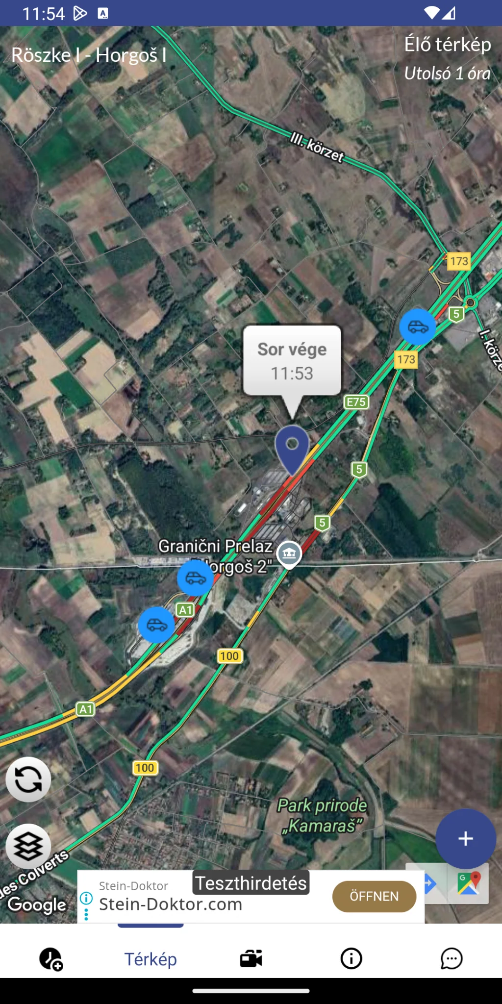 Sor vége térképen a BorderWatcher alkalmazásban